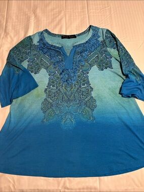 French Bazaar Blue and Green Paisley Tunic Top Size XXL
